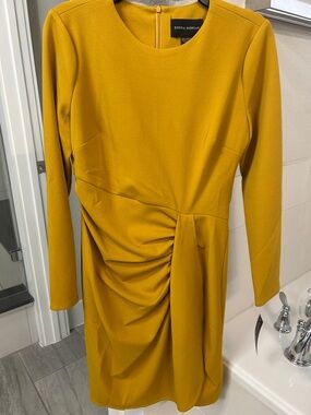 Donna Morgan Mustard Yellow Long Sleeve Ruched Sheath Dress